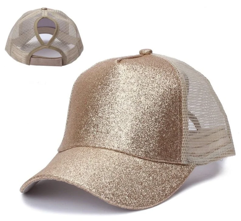 Glittery Ponytail/Messy Bun Trucker Cap _ Gold - Image 2