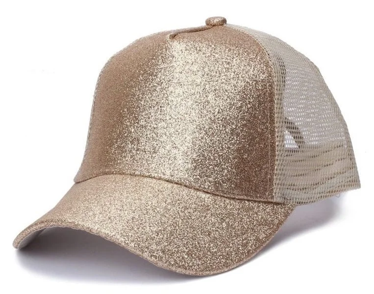 Glittery Ponytail/Messy Bun Trucker Cap _ Gold