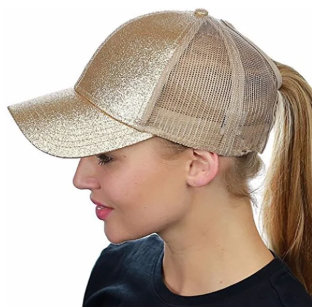 Glittery Ponytail/Messy Bun Trucker Cap _ Gold - Image 3